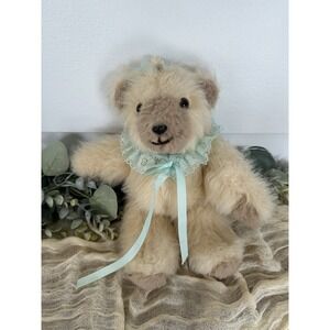 Cream Mohair Teddy Bear‎ C. Radtke Small Artist Blonde Baby Toy Tan Blue Bow Vtg
